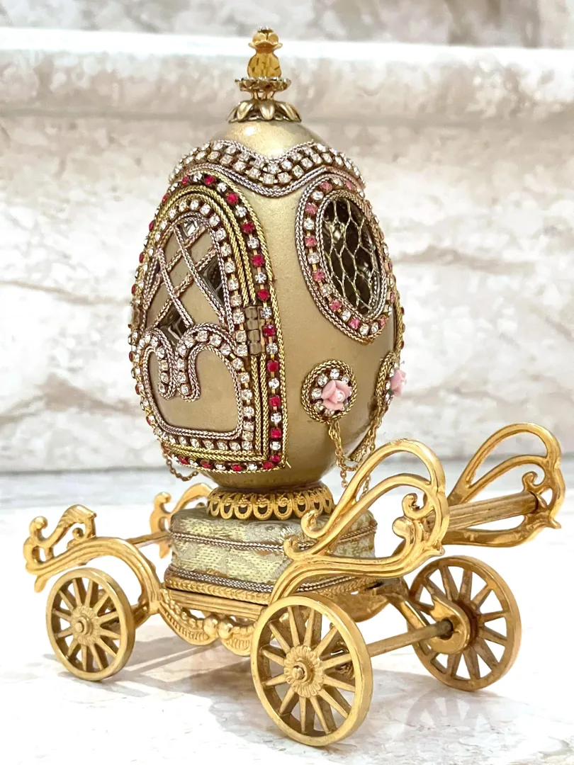 One Of A Kind 1975 Gold Fabergé Egg Style Real Carved Egg Collectors Egg Fabergé Egg Royal Crown Carriage Wedding Proposal Pure Gold Decor