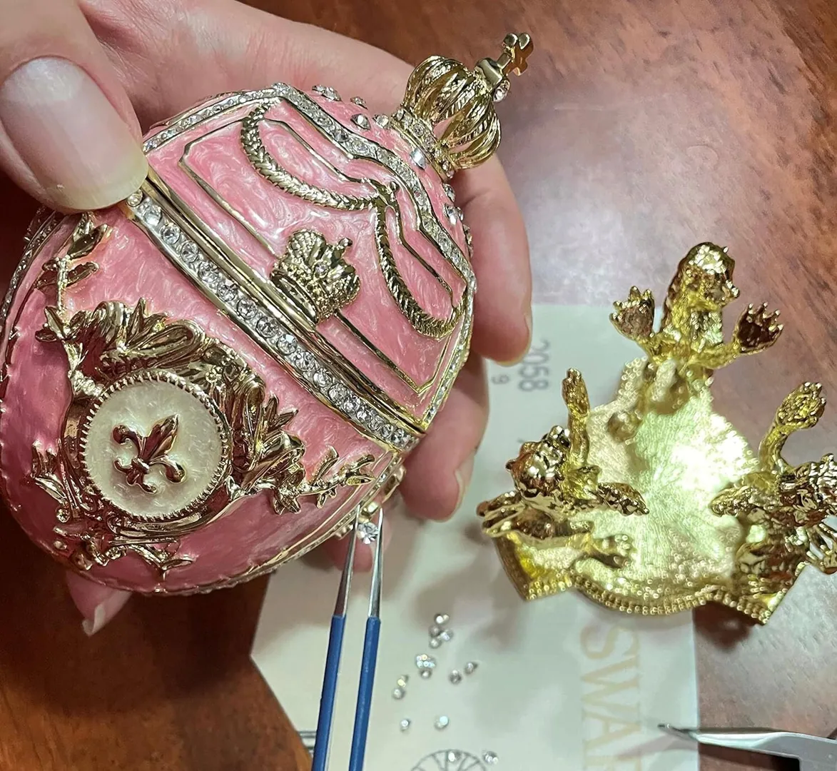 PierreLorren Faberge Egg Designer 5-Star Pure Gold Home Decor Faberge Style Decorative Boxes & Diamond Bracelet Bride Bridal Shower Gift Rose