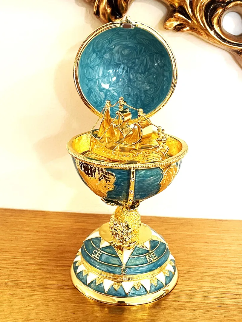 Pierre Lorren Faberge Style Egg 24k Gold Handmade Faberge Christmas Egg Swarovski Twin Fish for Luck Sailboat Symbolism Wisdom & Prosperity