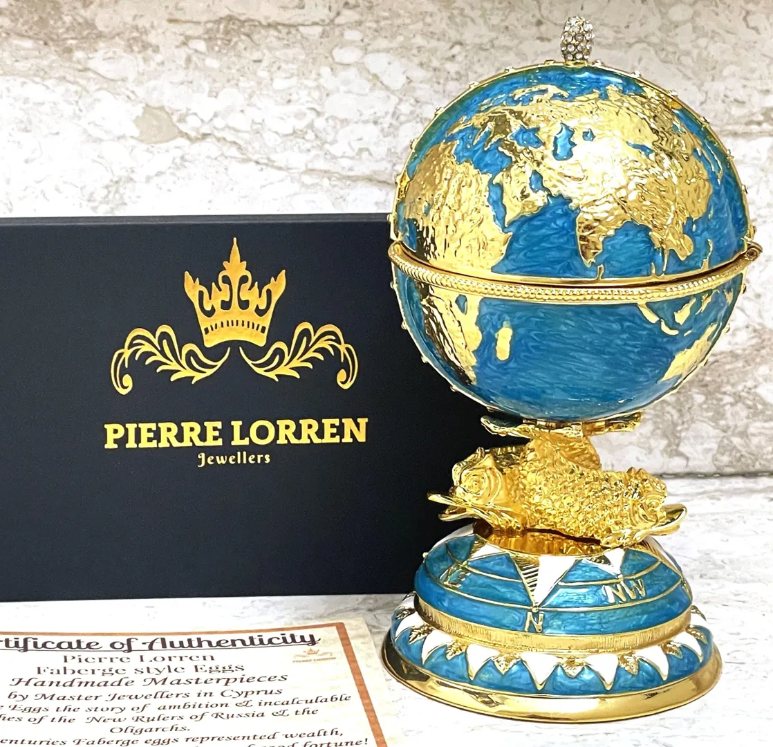Pierre Lorren Faberge Style Egg 24k Gold Handmade Faberge Christmas Egg Swarovski Twin Fish for Luck Sailboat Symbolism Wisdom & Prosperity