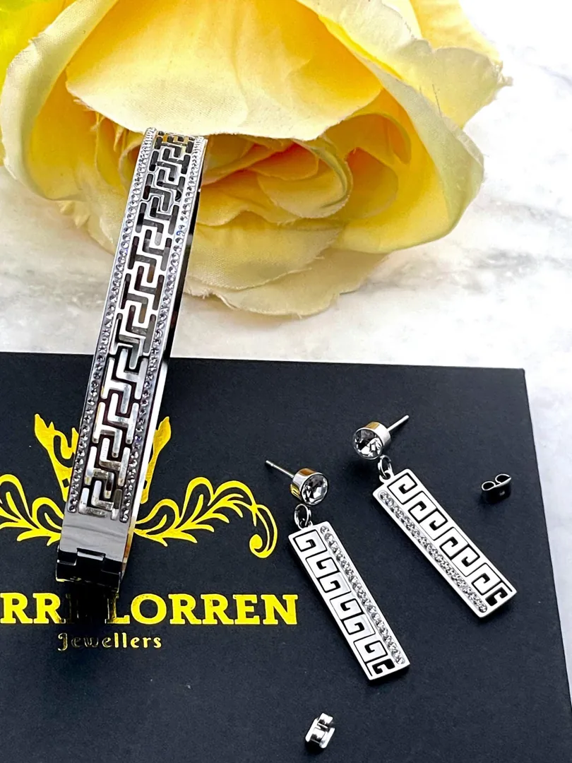 18Kt White Gold Set Ancient Greece Jewelry Greek Meander Set Greek Key Bracelet + Greek Key Earrings Greek Jewelry Good Luck Infinity Set