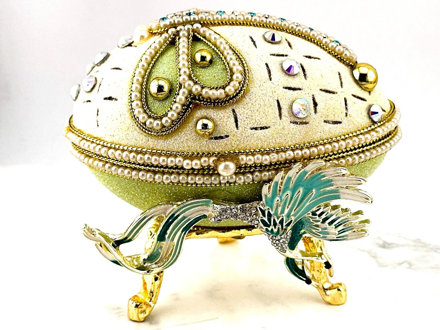Couple NATURAL Fabergé Egg style Musical Pure GOLD Fabergé Jewelry Box Faberge Egg Trinket Box Crystal Diamond Wedding Anniversary Handmade.