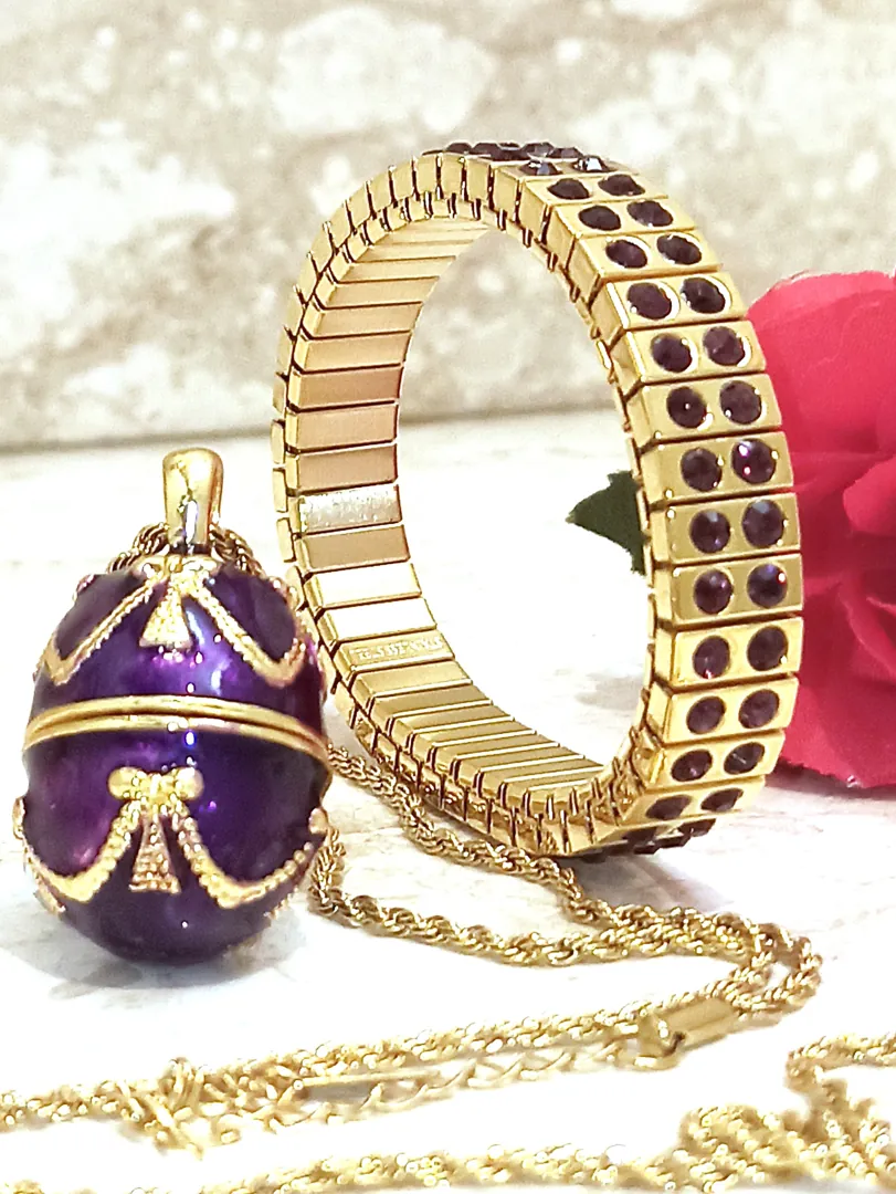 Gold Amethyst Necklace - Faberge Egg Pendant - Amethyst Bracelet - 24K Gold - Bridal Shower Gift - Gift for Women