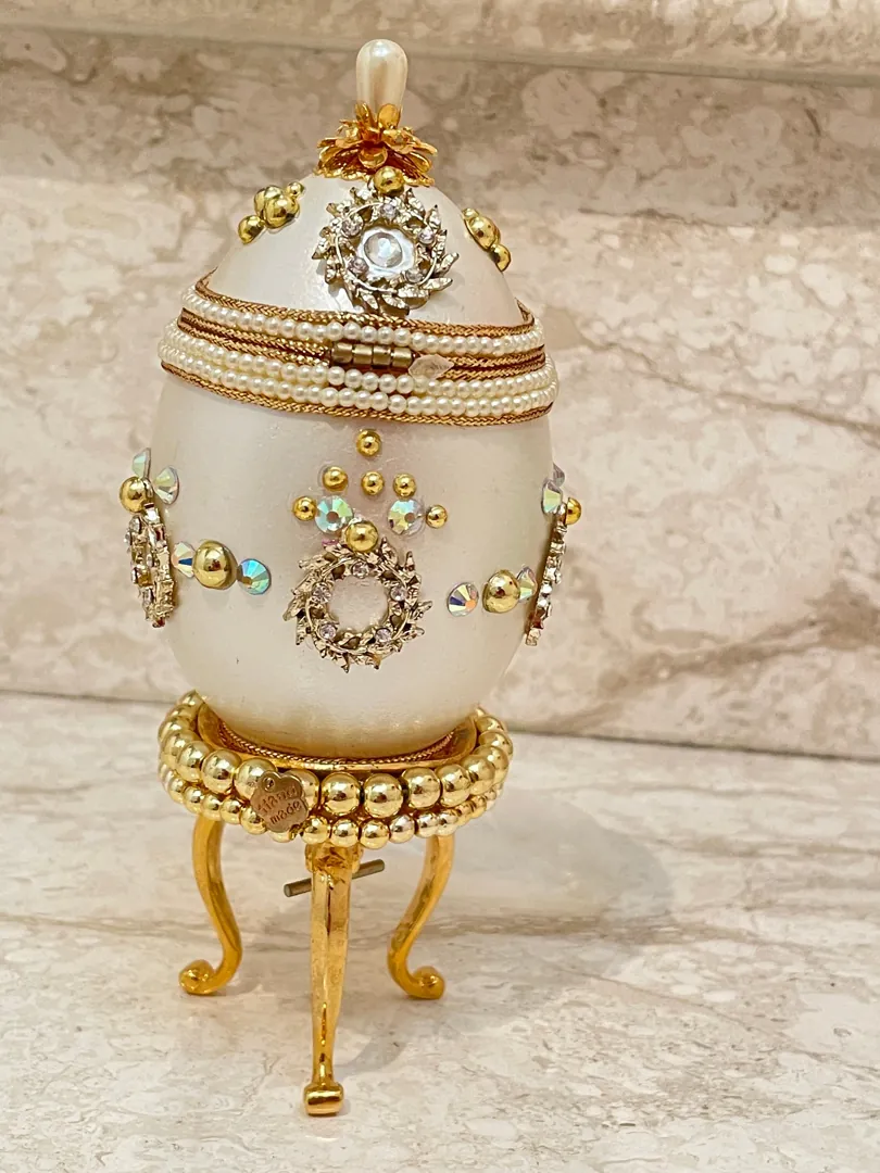 ONE OF A KIND Faberge Egg Jewelry Box for Daughter Wedding Day Gifts. This collectible item features Swarovski handset details and is designed in the Fabergé egg style. It comes with a natural hand-carved egg.
