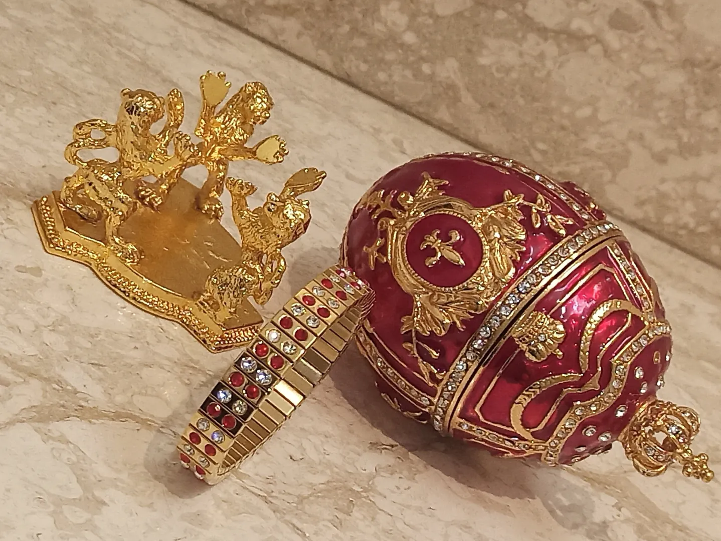 Faberge Egg Trinket Box Faberge Style 24K Gold Imperial Lions 200 Austrian Crystals Handset Diamonds 2ct Bracelet Fabergé Egg Jewelry Box