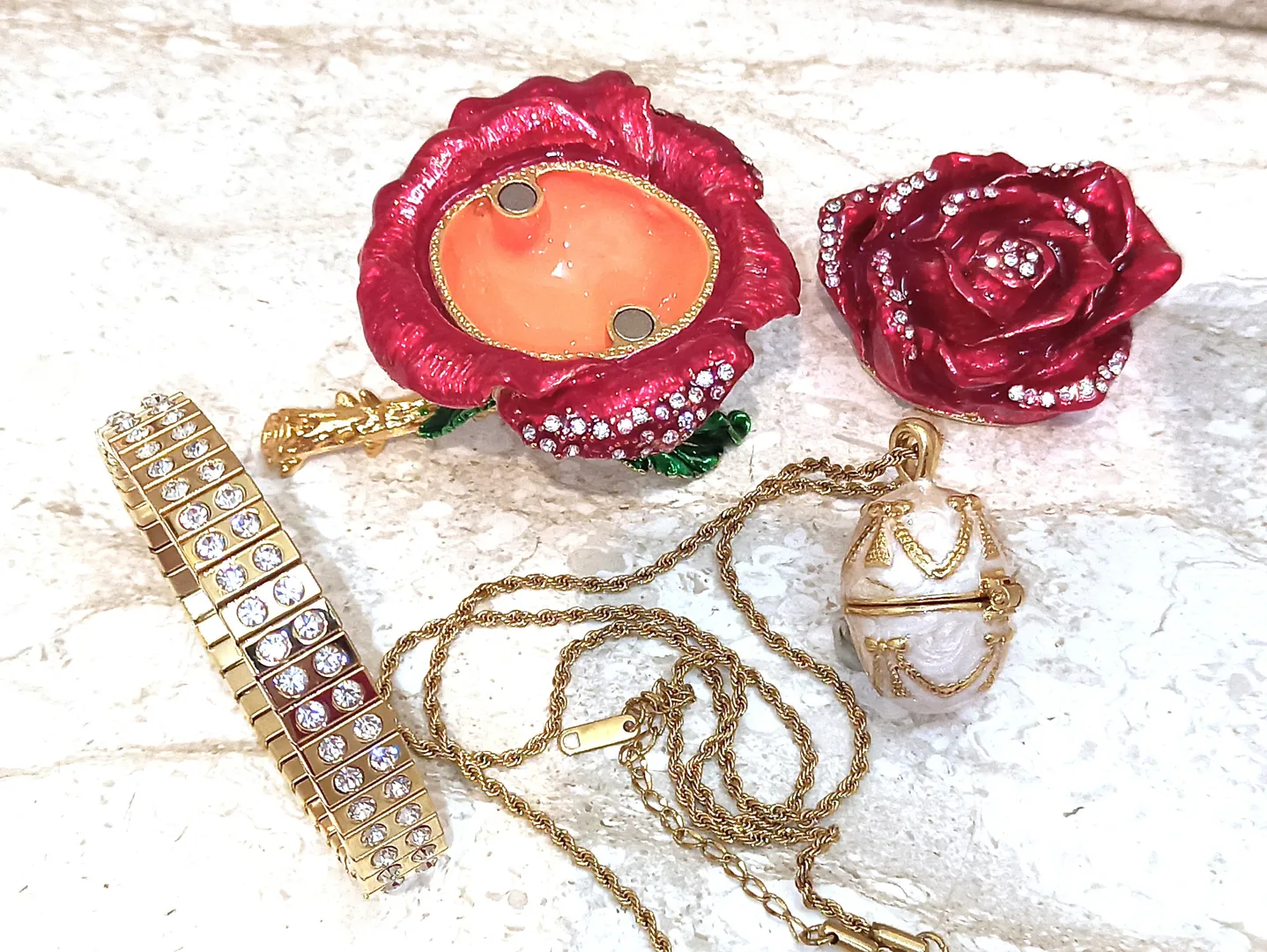 7ct - Luxury Valentine's Day - Fabergé Egg - Red Rose Valentine Ring Box + Fabergé Necklace + Bracelet - Handmade Valentine's Day Gift - 24K Gold