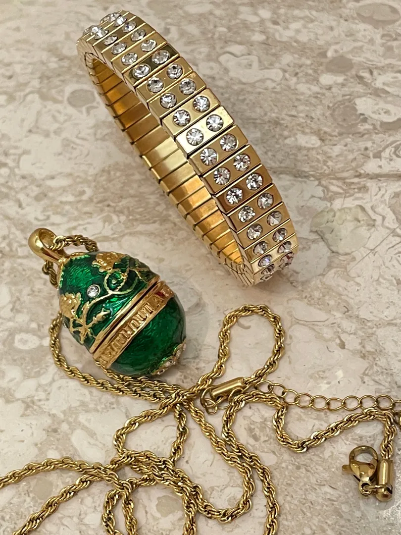Faberge Egg Necklace, Faberge Pendant, and 24k Gold Bracelet for Women, Faberge Egg in Green, Austrian Crystal Diamonds Handset Handmade Jewelry.