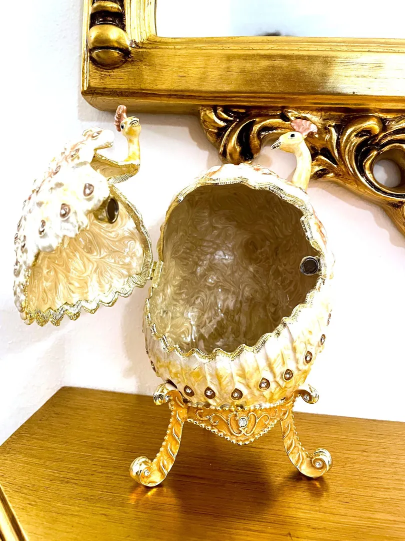 Pierre Lorren Gold Peacock Jewelry Box Faberge Egg Pure Gold Swarovski HANDMADE Faberge Trinket Box & Bracelet Peacock Gifts for Her 7.9