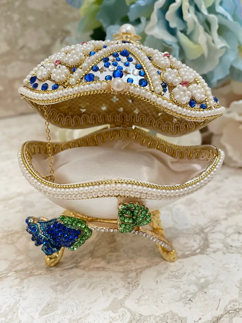 VALENTINE Day gift for her Something Blue FABERGE egg BRIDE-to-be present on Valentine's Day Fabergé egg Handcarved Silk Musical Box present.