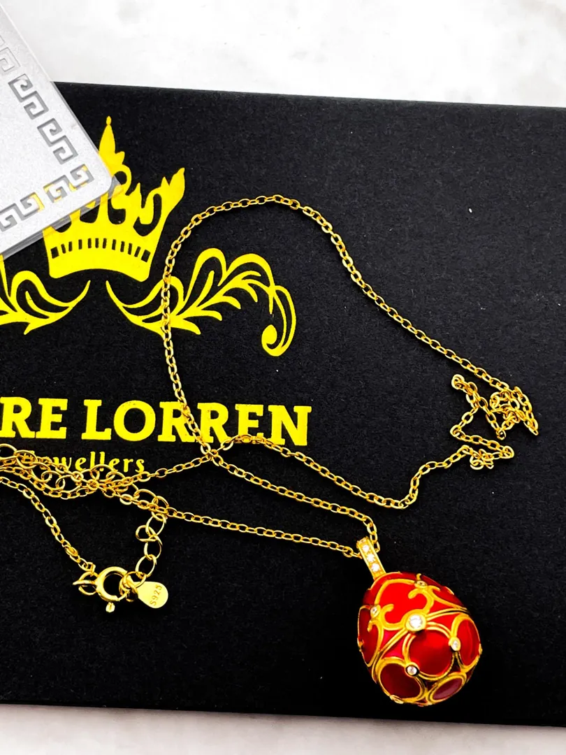 Pierre Lorren Faberge Necklace and Ruby Red Bracelet Faberge Egg Pendant Set. Austrian Crystal Diamond Fabergé Style Pendant and Faberge Jewelry.