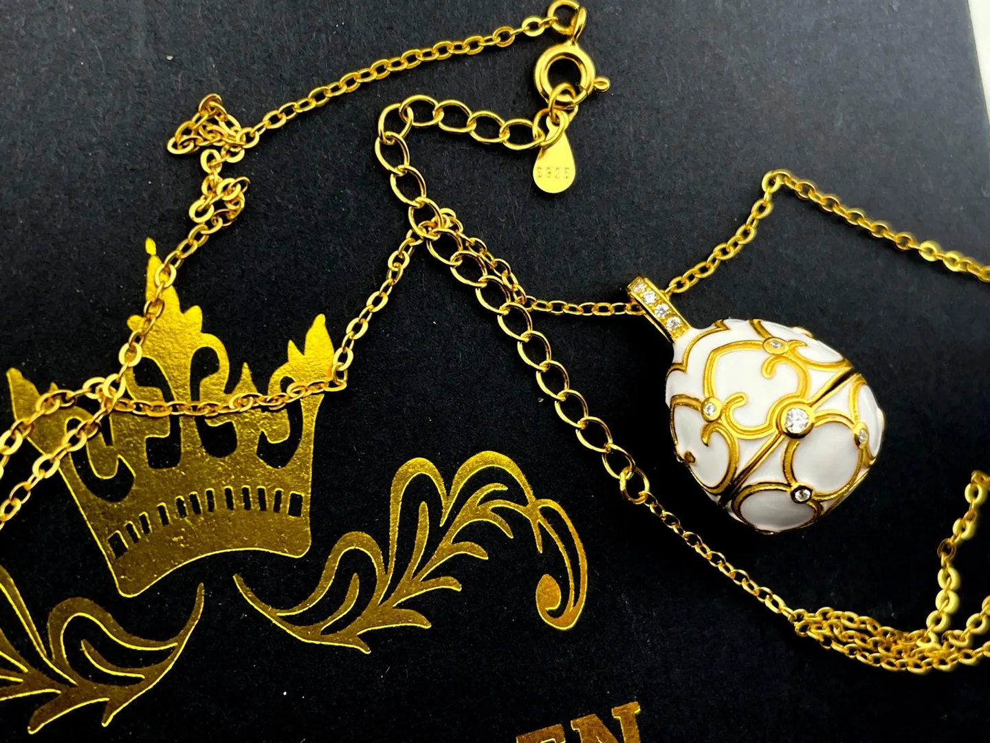 Pierre Lorren White Faberge Necklace & Bracelet Faberge Egg Pendant Set Austrian Crystal Diamond Fabergé Style Pendant Faberge Jewelry Gold.
