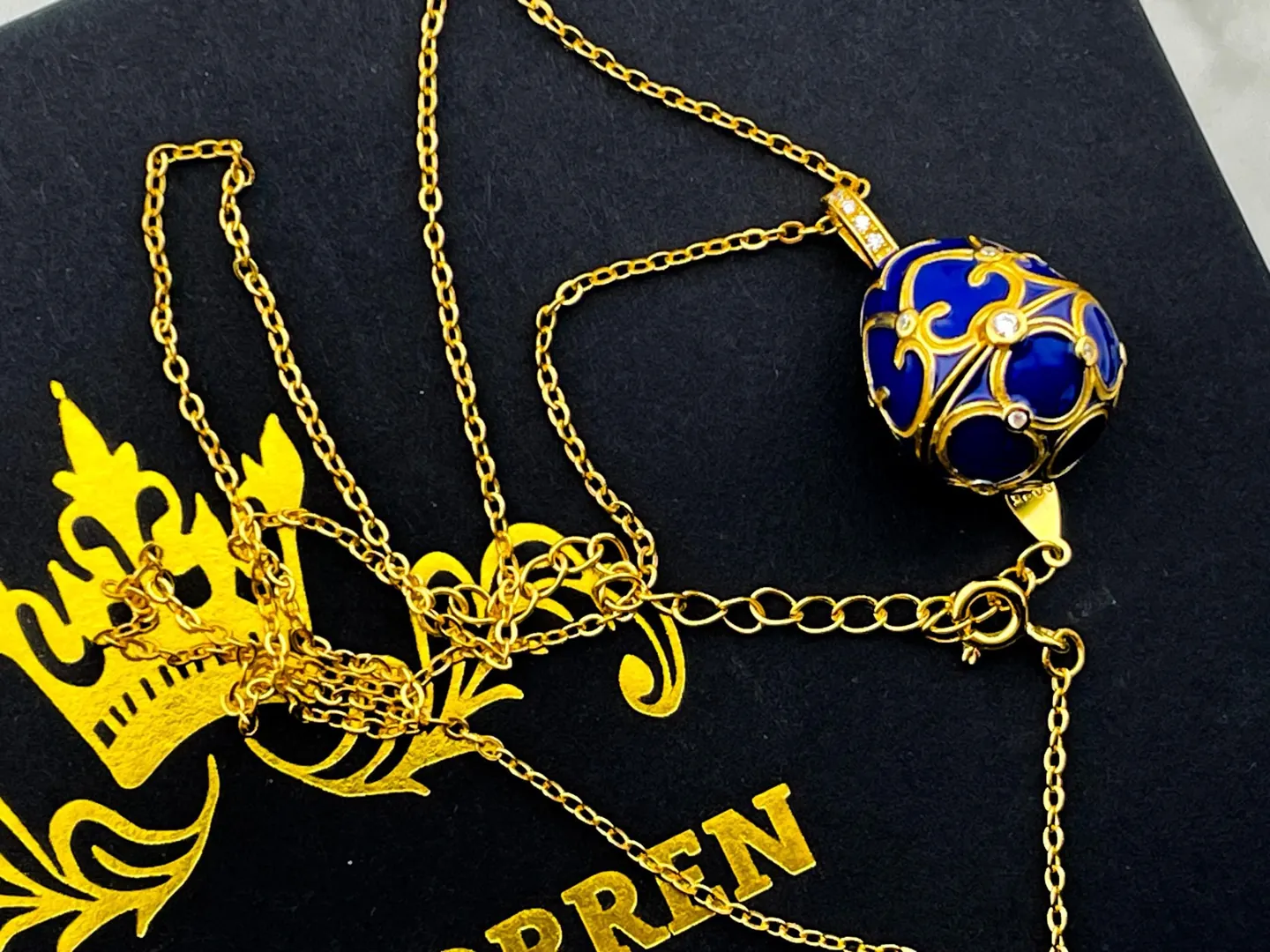 Pierre Lorren Faberge Necklace & Sapphire Bracelet Faberge Egg Pendant Set Austrian Crystal Diamond Fabergé Style Pendant Faberge Jewelry