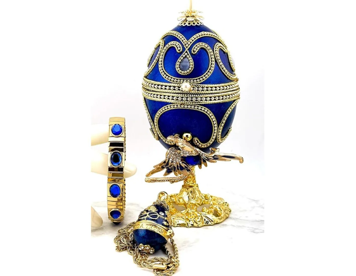 Vintage 1980 Blue Faberge Egg HANDMADE Musical Trinket Box Bluebird Symbol of Hope, Love & Renewal Faberge Collectible Gift Pierre Lorren