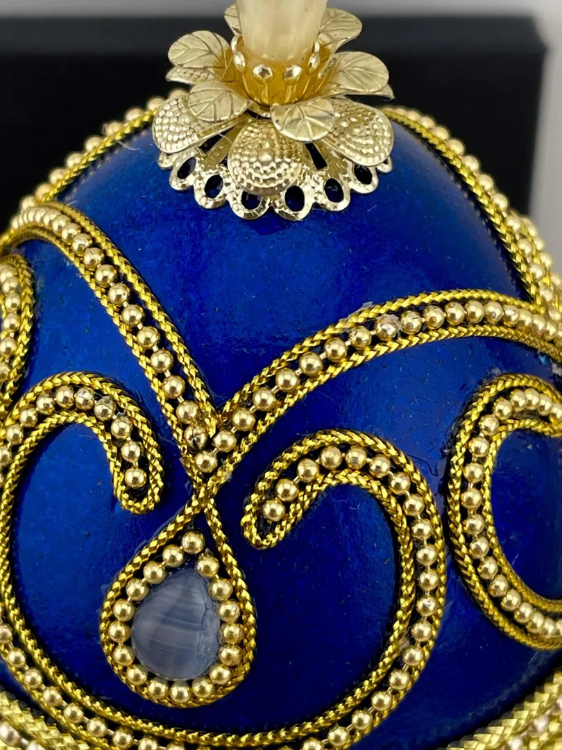 Vintage 1980 Blue Faberge Egg HANDMADE Musical Trinket Box Bluebird Symbol of Hope, Love & Renewal Faberge Collectible Gift Pierre Lorren