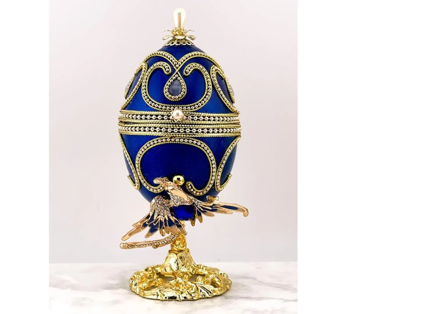 Vintage 1980 Blue Faberge Egg HANDMADE Musical Trinket Box Bluebird Symbol of Hope, Love & Renewal Faberge Collectible Gift Pierre Lorren