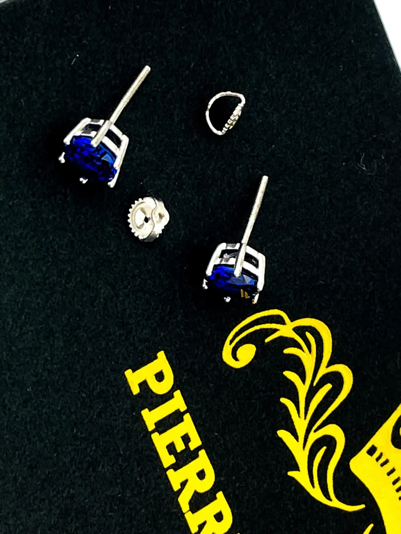 Pierre Lorren Natural Sapphire Blue Earrings Studs 2 Carat Real Sapphire Earrings - Screw on Stud Earrings 6.5mm Anniversary Gift for Woman