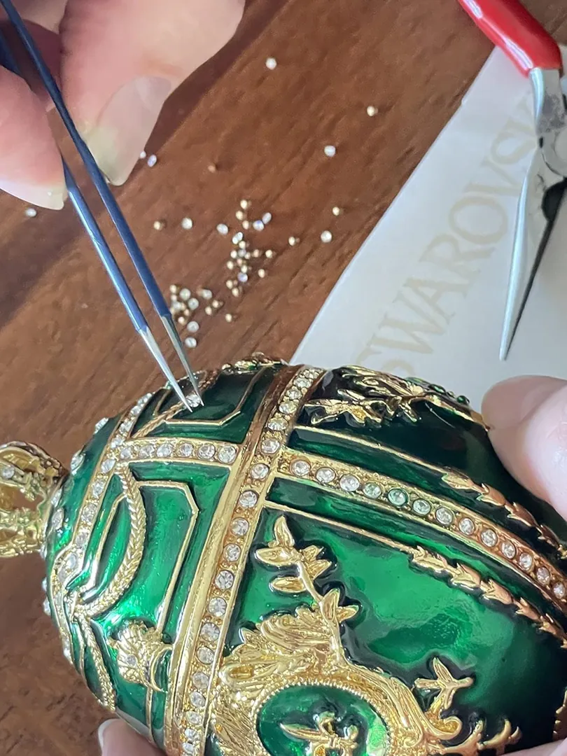 Green Faberge Christmas New Year's Wreath Jewelry + Faberge Style Egg Handmade Pure Gold Decor Swarovski Faberge Set Luck Joy Love Happiness