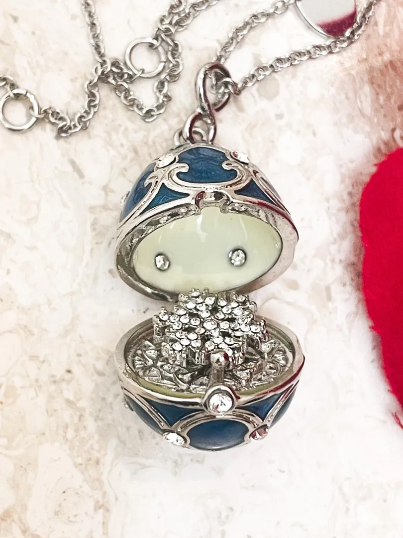 Fabergé Egg Necklace Jewelry: Austrian Crystal Diamond Faberge Egg Pendant Handmade Jewelry 18k Silver Jewelry by Pierre Lorren.