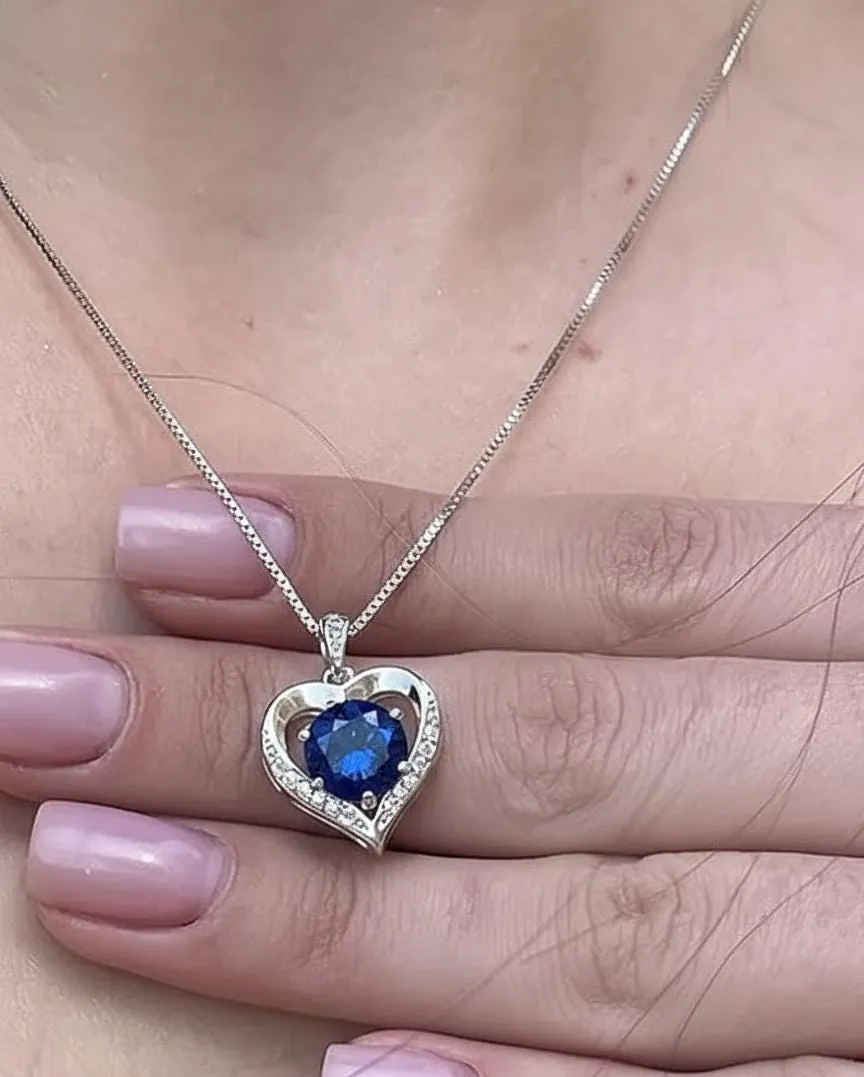 2ct Natural Diamond Sapphire Heart Necklace, Heart Sapphire Necklace, Dainty Sapphire Heart Pendant 18K White Gold Vermeil