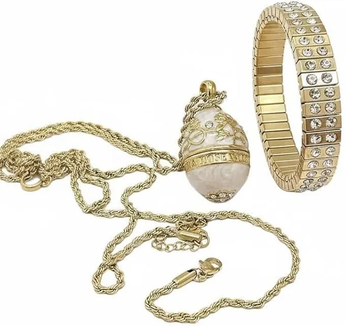 Faberge Egg Pendant Necklace Bracelet SET - Faberge Egg Handmade Greek Jewelry, Faberge Easter Gift - Pure Gold Dec Swarovski - Pierre Lorren