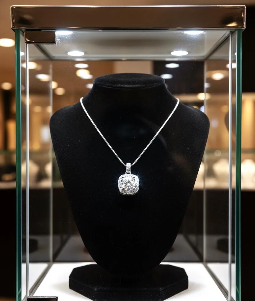 18k White Gold Diamond Solitaire Necklace: Square Pendant