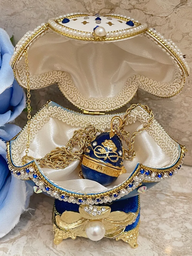 1993 Luxury Jewelry Box Faberge Egg Jewelry Set - Faberge Egg Something Blue Something New Hand-Carved Natural Egg 24k Gold Austrian Crystal