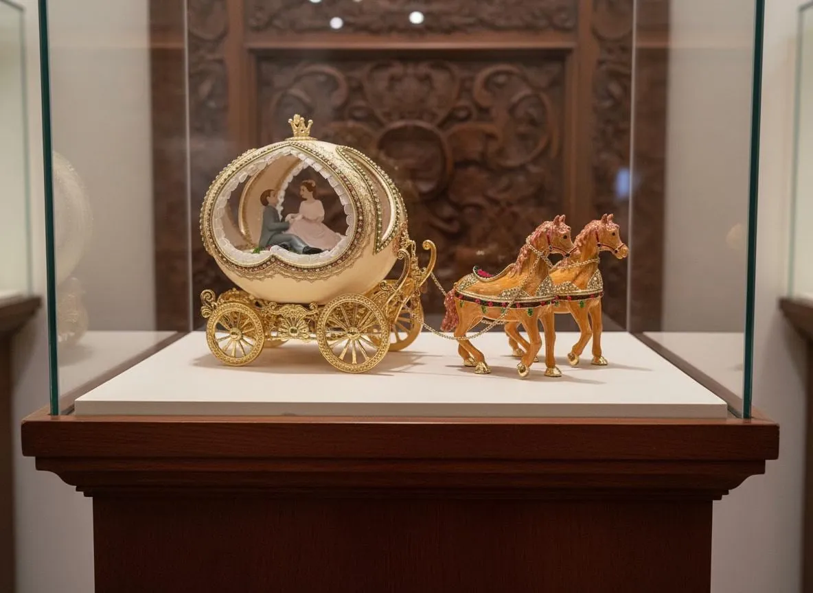 1989 NATURAL Fabergé Egg Ostrich Egg Musical Royal Carriage 24k Gold Accent Hand-Carved Faberge Ornament Anniversary Gift 24k Gold Handmade