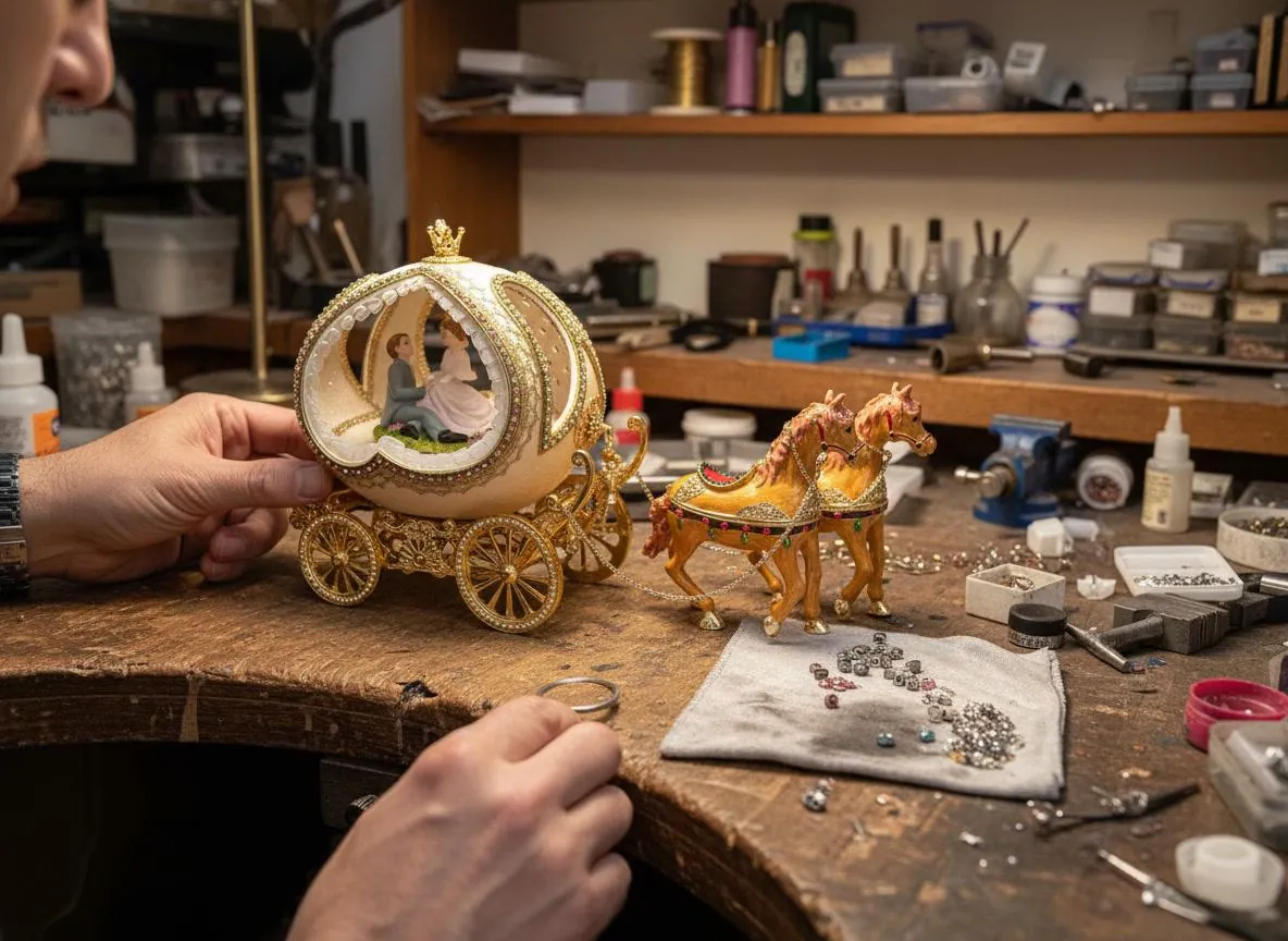 1989 NATURAL Fabergé Egg Ostrich Egg Musical Royal Carriage 24k Gold Accent Hand-Carved Faberge Ornament Anniversary Gift 24k Gold Handmade