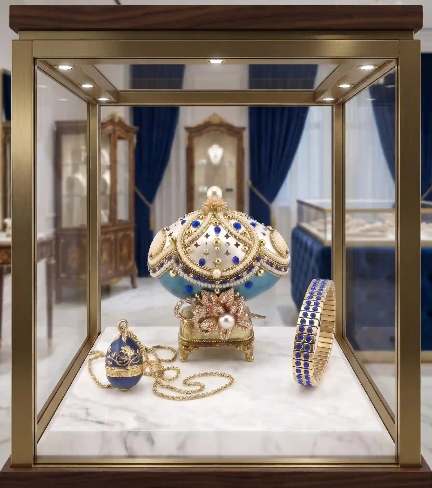 1985 One Only - Blue Faberge-Style Egg Luxurious Wedding SET Gift NATURAL HAND Carved Faberge Egg Style Ring Bearer box for wedding 24k Christmas Gift for her Plus FAberge egg Necklace Bracelet & Fine Jewelry Blue 18k Sterling Silver Faberge egg Pendant