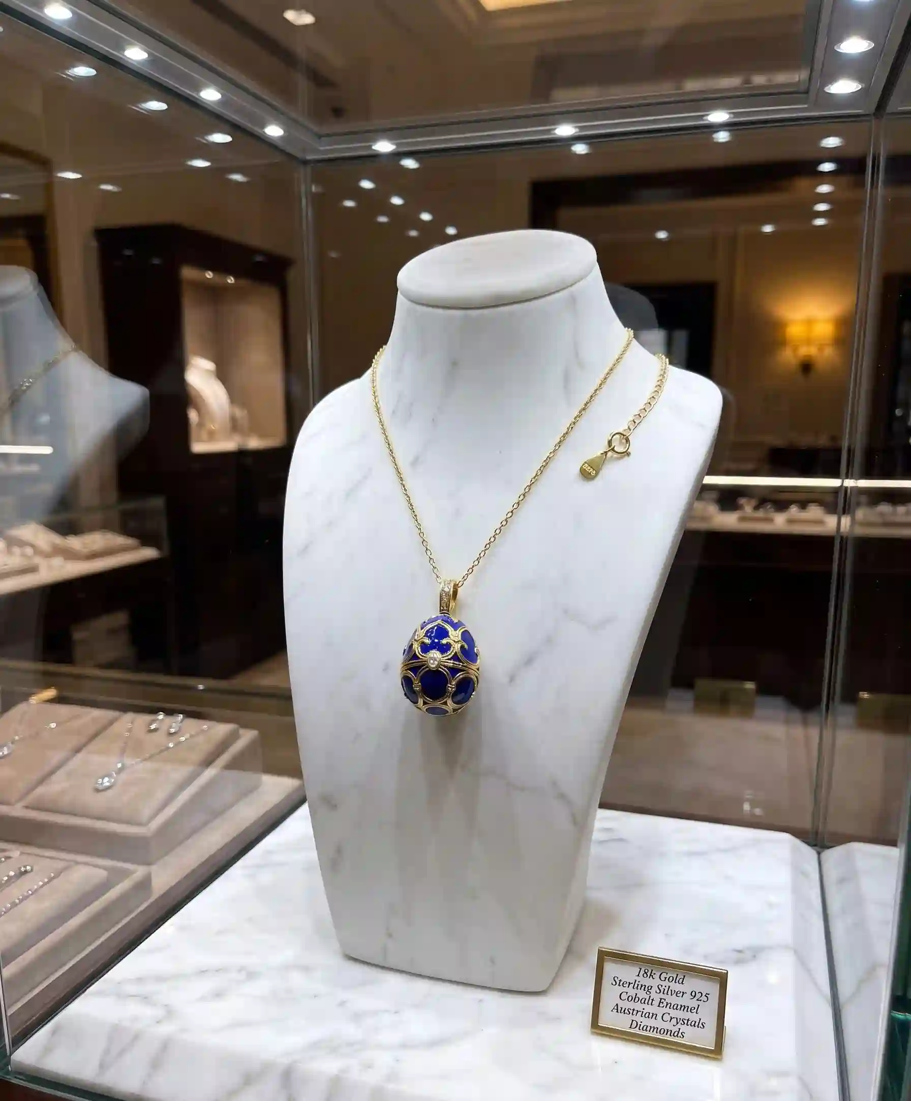 1985 One Only - Blue Faberge-Style Egg Luxurious Wedding SET Gift NATURAL HAND Carved Faberge Egg Style Ring Bearer box for wedding 24k Christmas Gift for her Plus FAberge egg Necklace Bracelet & Fine Jewelry Blue 18k Sterling Silver Faberge egg Pendant