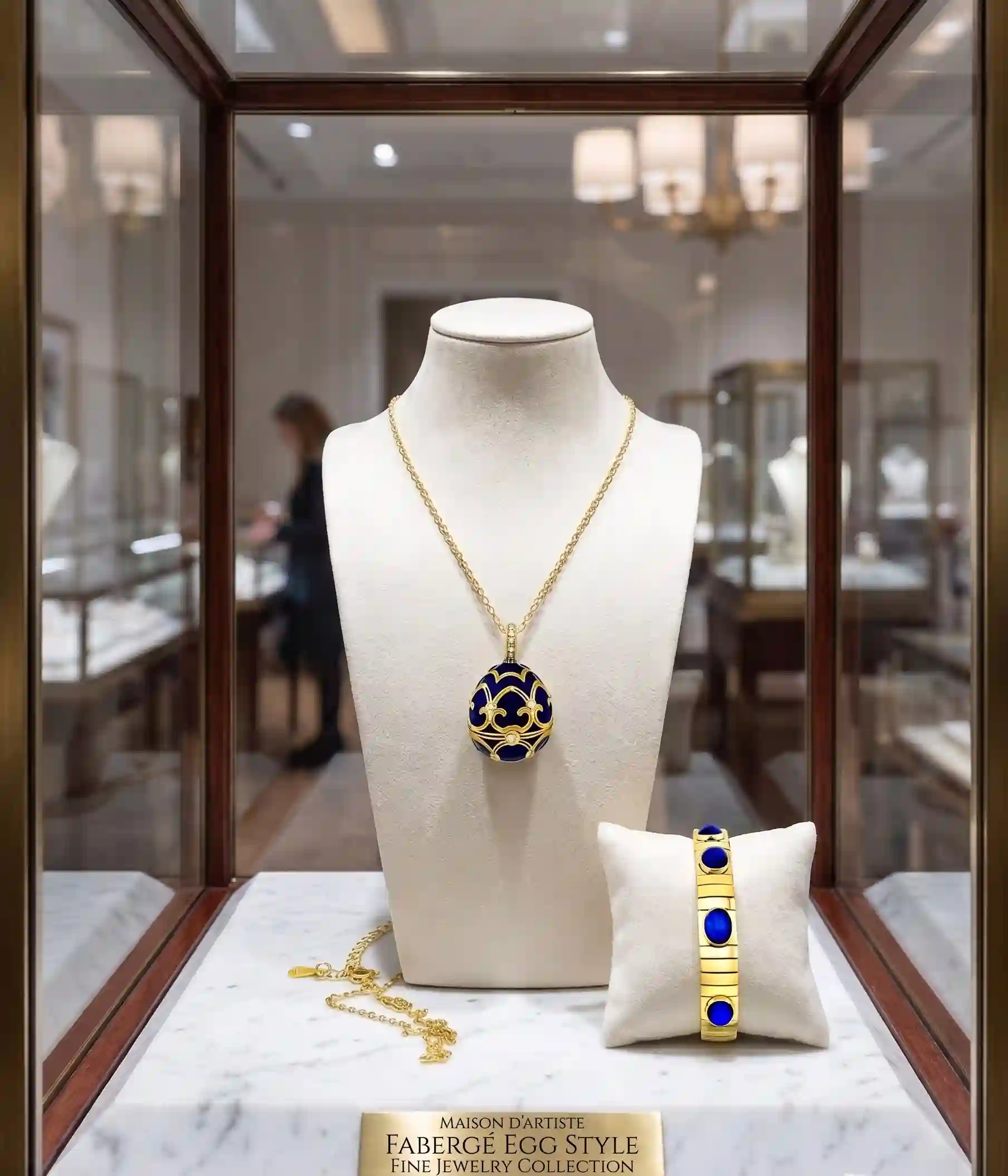 1985 One Only - Blue Faberge-Style Egg Luxurious Wedding SET Gift NATURAL HAND Carved Faberge Egg Style Ring Bearer box for wedding 24k Christmas Gift for her Plus FAberge egg Necklace Bracelet & Fine Jewelry Blue 18k Sterling Silver Faberge egg Pendant