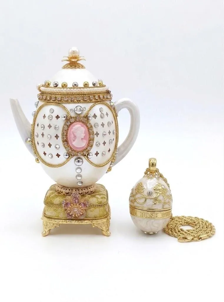 Vintage Cameo Collectible Tea Pot, Natural Faberge Egg Trinket & Faberge Necklace, Handcarved Fabergé Egg, Musical Egg for Wife, 35th Anniversary.