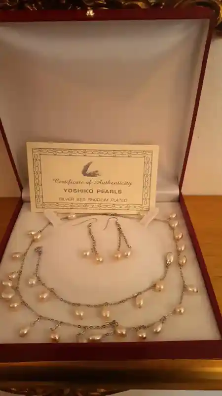 Pearl Set Solid Sterling silver 925 Yoshika Original Pearls White Gold Rhodium Plated HAND MADE SET Necklace Earrings & Bracelet 