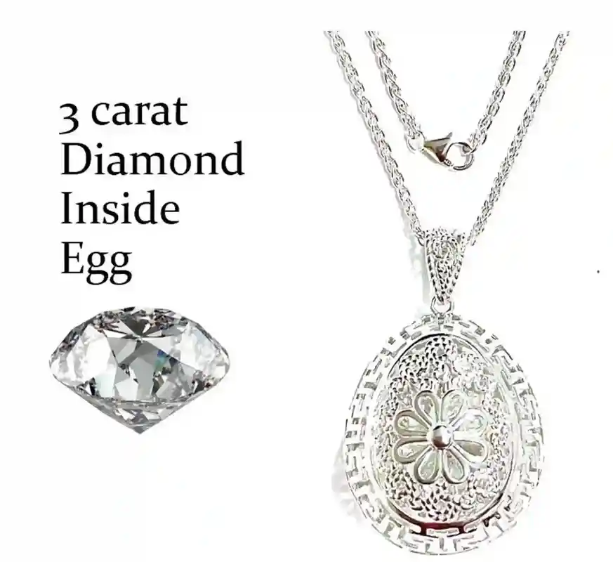 Imperial Faberge style Jewelry, 3 carat Diamond Necklace, Faberge Egg Necklace, Solid Sterling Silver Egg Pendant Necklace, 23