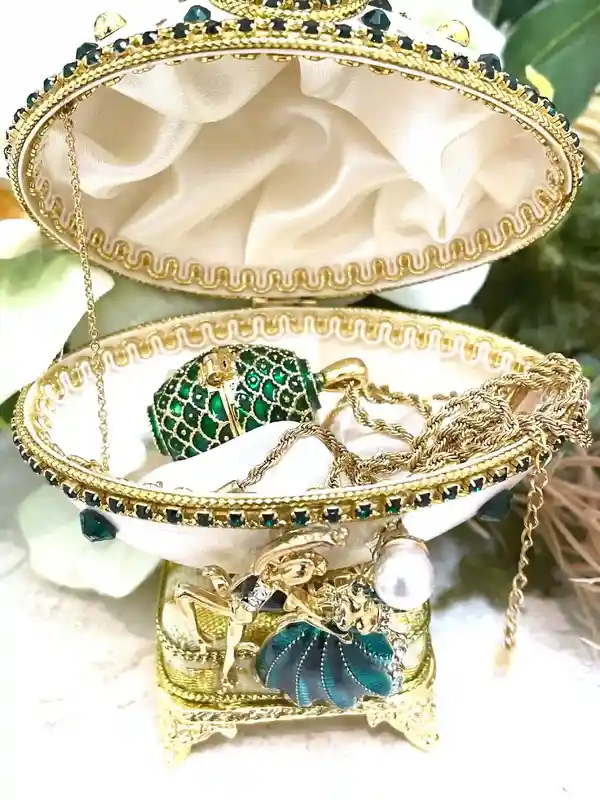 Emerald- Valentines Day SET - ONE Only - Faberge-Style Egg style Jewelry Box + Faberge Jewelry - Valentines day couple gifts - HANDCARVED Egg -24k 