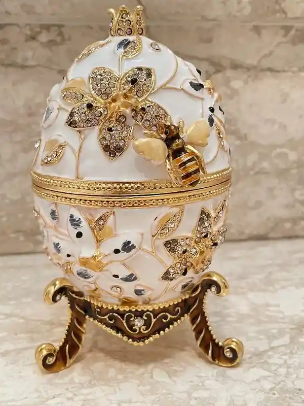 Designer White Faberge Egg style Necklace PLUS Engagement Gift Fabrege Eggs Handpainted Jewelry Box Wedding gift for parent 400 HANDSET Crys 