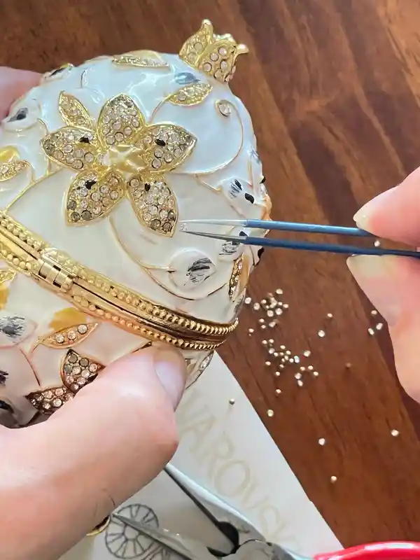 Designer White Faberge Egg style Necklace PLUS Engagement Gift Fabrege Eggs Handpainted Jewelry Box Wedding gift for parent 400 HANDSET Crys 