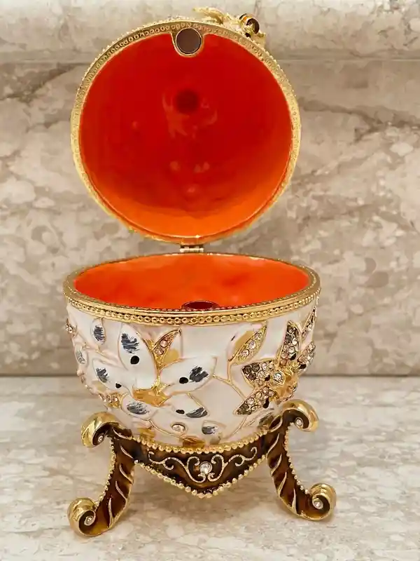 Designer White Faberge Egg style Necklace PLUS Engagement Gift Fabrege Eggs Handpainted Jewelry Box Wedding gift for parent 400 HANDSET Crys 