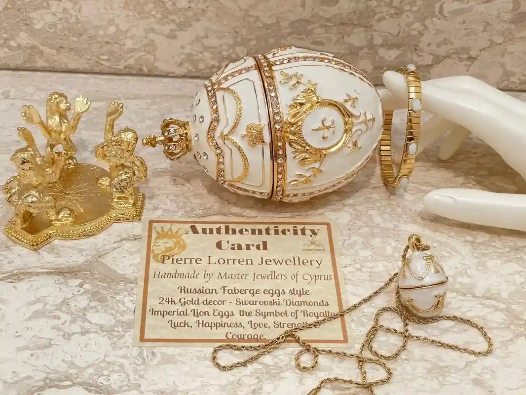 Luxury Handmade White Faberge Egg Crystal Jewelry box & Faberge Pendant Engagement gift for her Imperial Fabrerge style Egg SET 24k HANDSET 