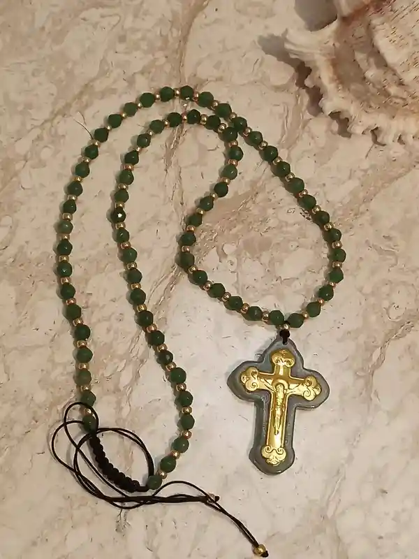 18k Solid GOLD Crucifix Necklace, Christian Rosary Necklace for women,Natural Gemstone Jewelry,Christian Gifts,70 Natural JADE 4mm Gemstones 