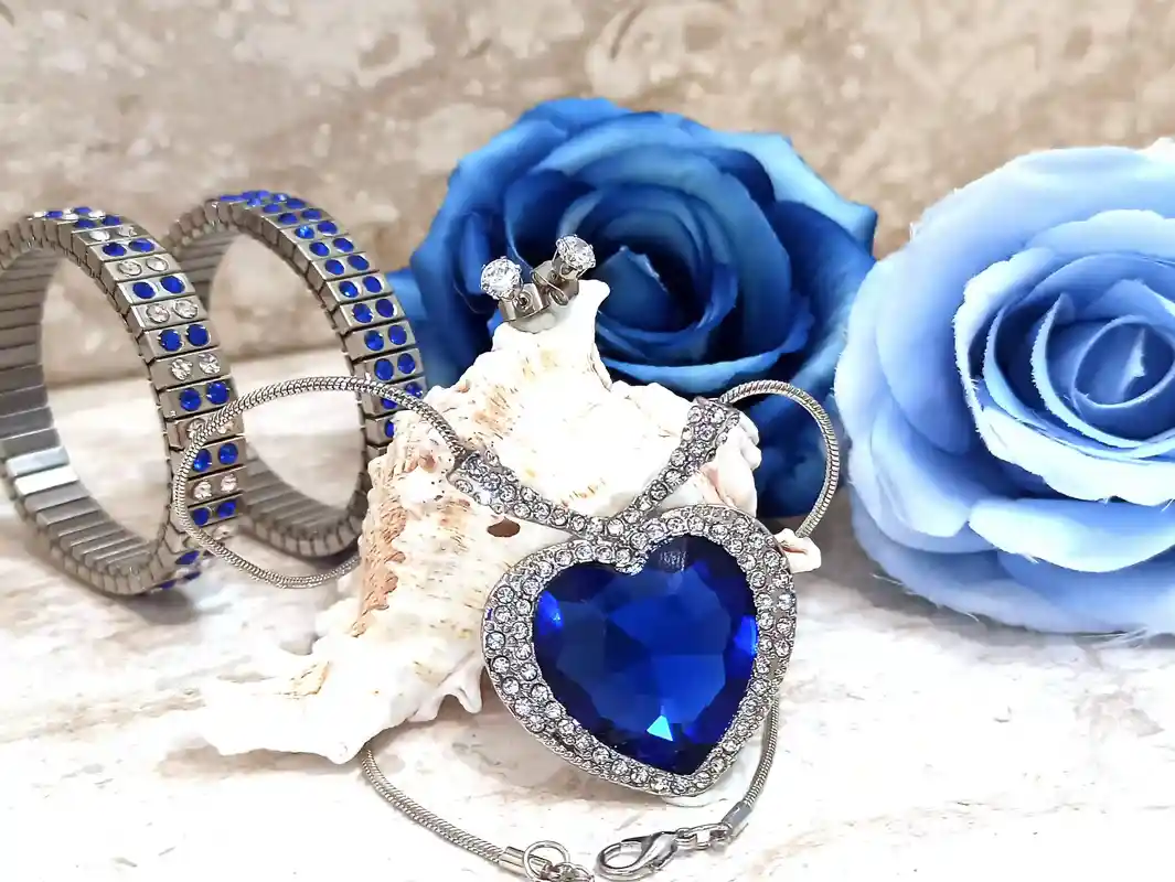 Sapphire Jewelry SET, Blue HEART Necklace + 2 Silver SAPPHIRE bracelets + Earrings, Sapphire Heart Necklace Set, Something Blue for Wedding 