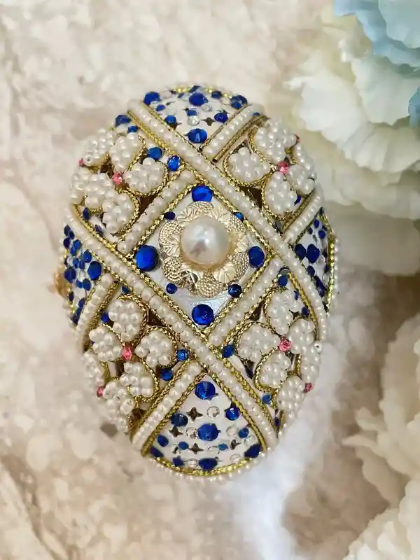 One Only Blue Rose Faberge Egg style Jewelry Box SET HANDCARVED Natural Egg Austrian Crystal Sapphire Faberge Egg MUSIC Box Handmade 1990 