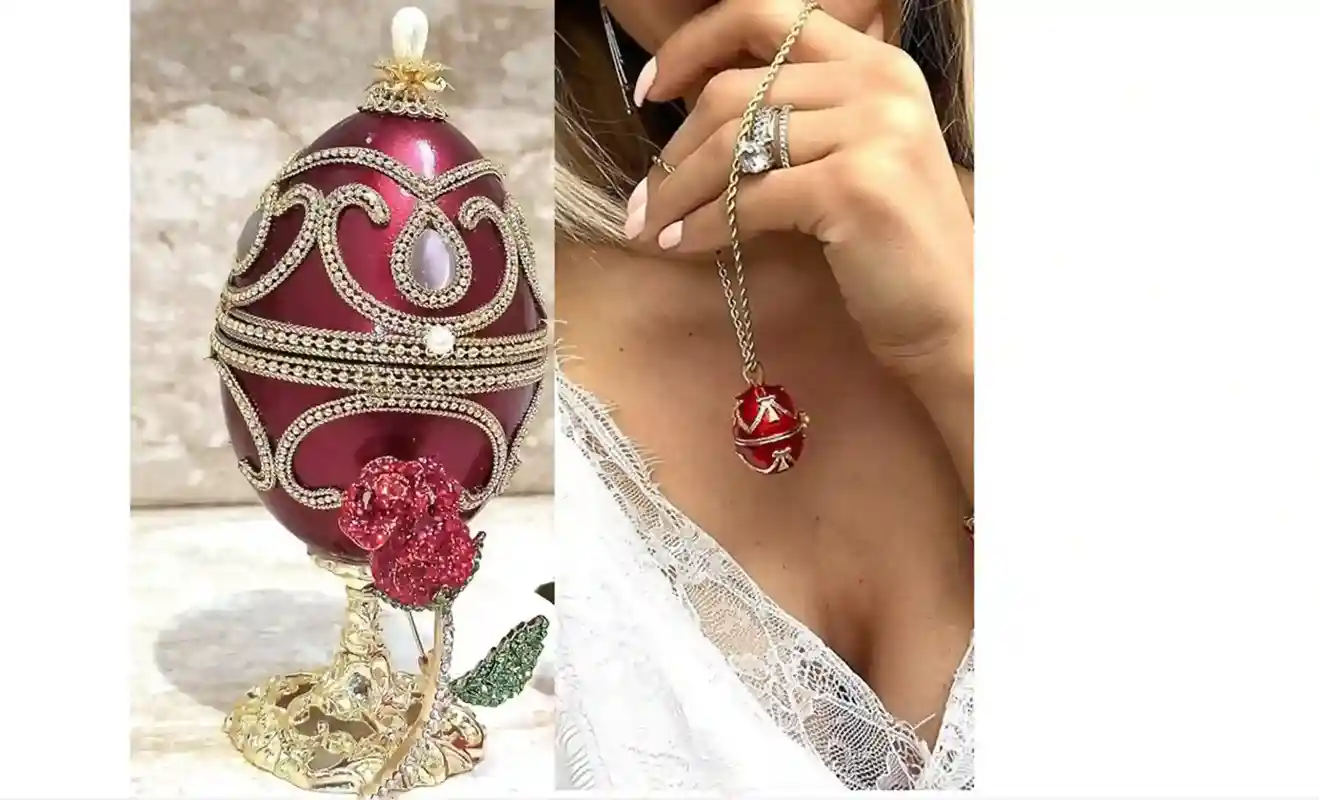 2014 Valentines Day Trinket Box Faberge-Style Egg Gold Faberge Necklace Faberge Egg Jewelry SET Valentine's Day Gift for her 10th Anniversary gift 