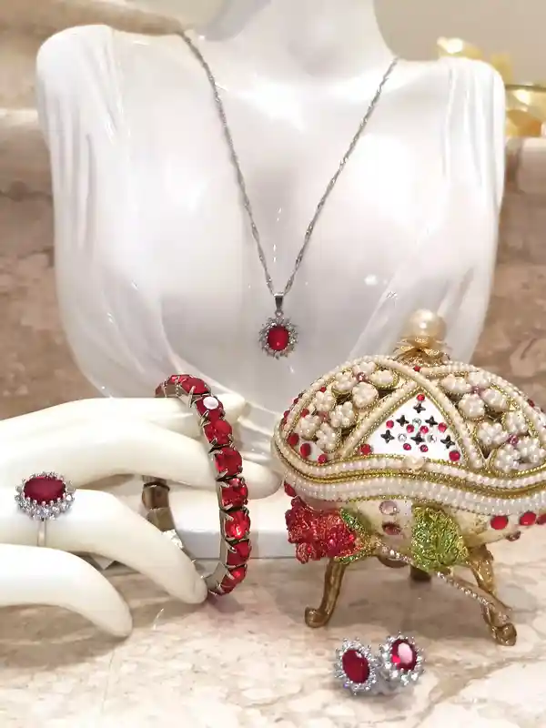 RUBY Luxury Gift for her Faberge-Style Egg & Sterling Silver Jewelry set for women Faberge egg style Decorative Boxes Home Decor Ornament House 