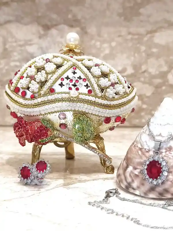 RUBY Luxury Gift for her Faberge-Style Egg & Sterling Silver Jewelry set for women Faberge egg style Decorative Boxes Home Decor Ornament House 