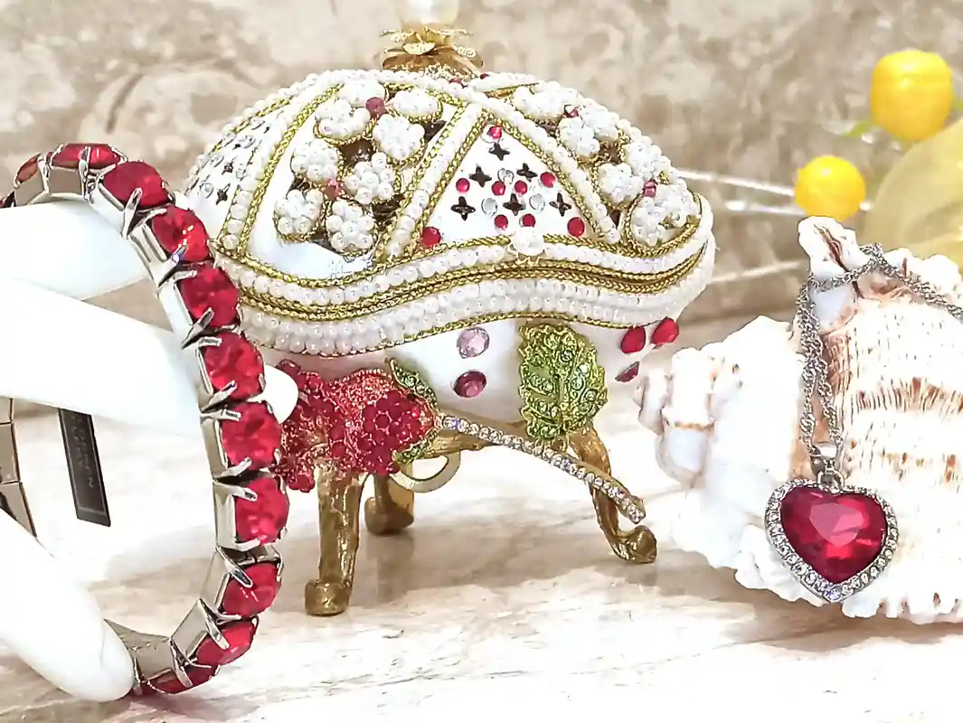 Faberge EGG & Heart Sterling Silver NECKLACE - Ruby Tennis BRACELET Fabrege Egg style Music Box Faberge September Birthday Gift for women 