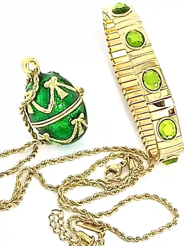 Faberge Emerald Green Vintage Jewelry SET Faberge Egg Necklace Gold & Austrian Crystal Bracelet Faberge egg Pendant Bday Jewelry gift her 