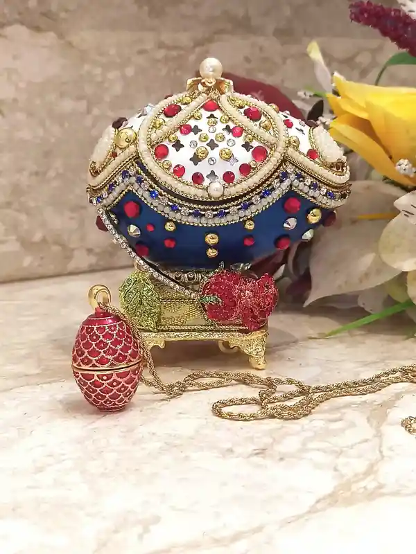 Faberge-Style egg Ornament & Faberge Egg Pendant Ruby Bracelet Gold Gift for women-Faberge Egg style Unique Music Box Home Decor gift for her bday 