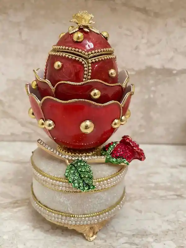 Red Faberge egg style, One of a Kind Gift, Faberge Eggs Vintage, MUSICAL Rose Jewelry gift box, HANDCARVE NATURAL Real Egg, 24kGold Handmade 