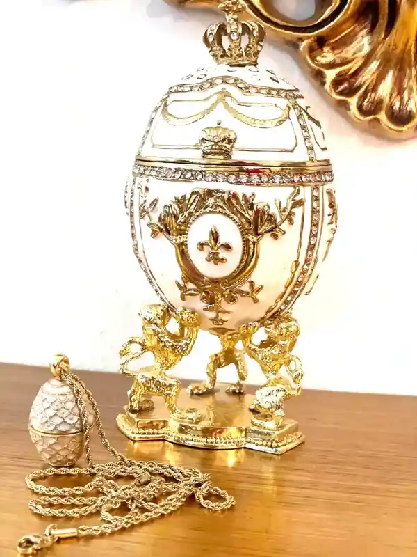 White Faberge-Style egg - Imperial Lion Faberge style egg + Faberge Egg Pendant Necklace - White Gold trinket box - Swaroski Diamond HANDSET 24k 